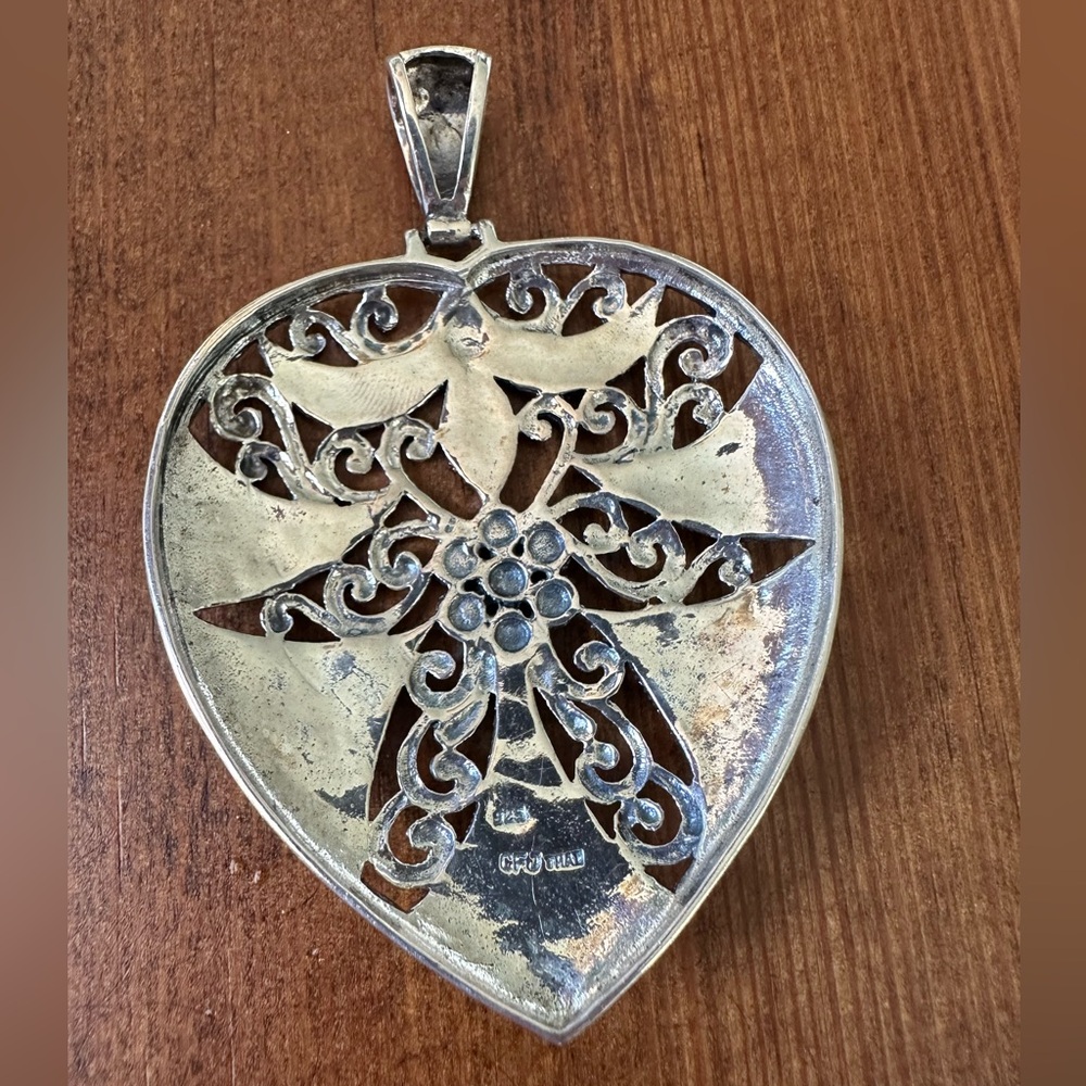 925 Sterling Silver Vintage Real Marcasite Gemstone Heart Ornate Pendant - Picture 5 of 7